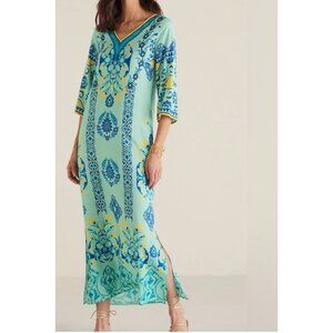 Soft Surroundings Aisha Caftan Maxi Dress Aqua Blue Beach Resortwear Petite XS
